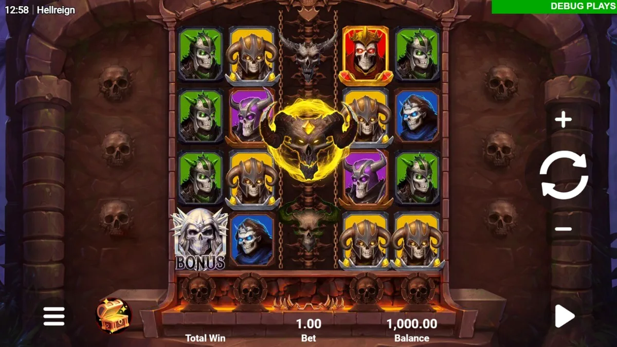 Tampilan visual game slot Hellreign Scatter Magnet dengan tema neraka yang kelam